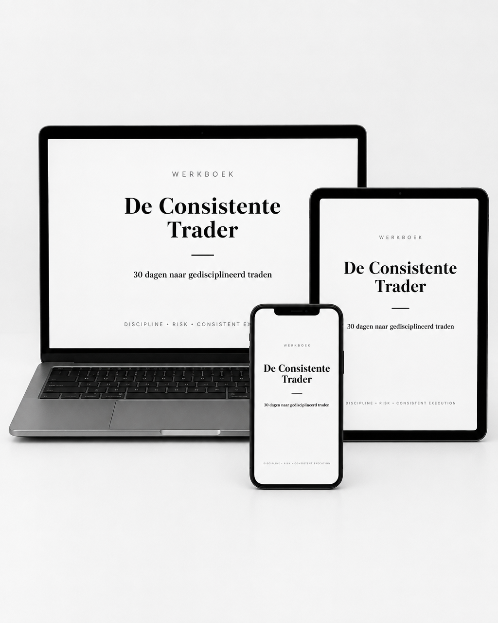 Laptop, tablet en telefoon met de omslag van het werkboek De Consistente Trader op het scherm