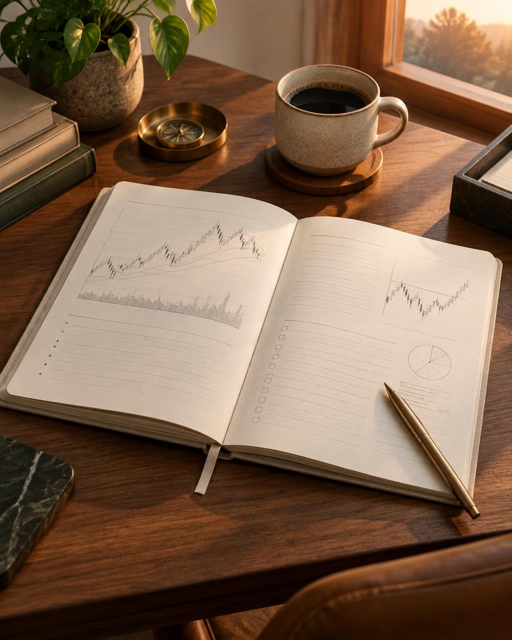 Open tradingwerkboek op een rustig bureau in het ochtendlicht